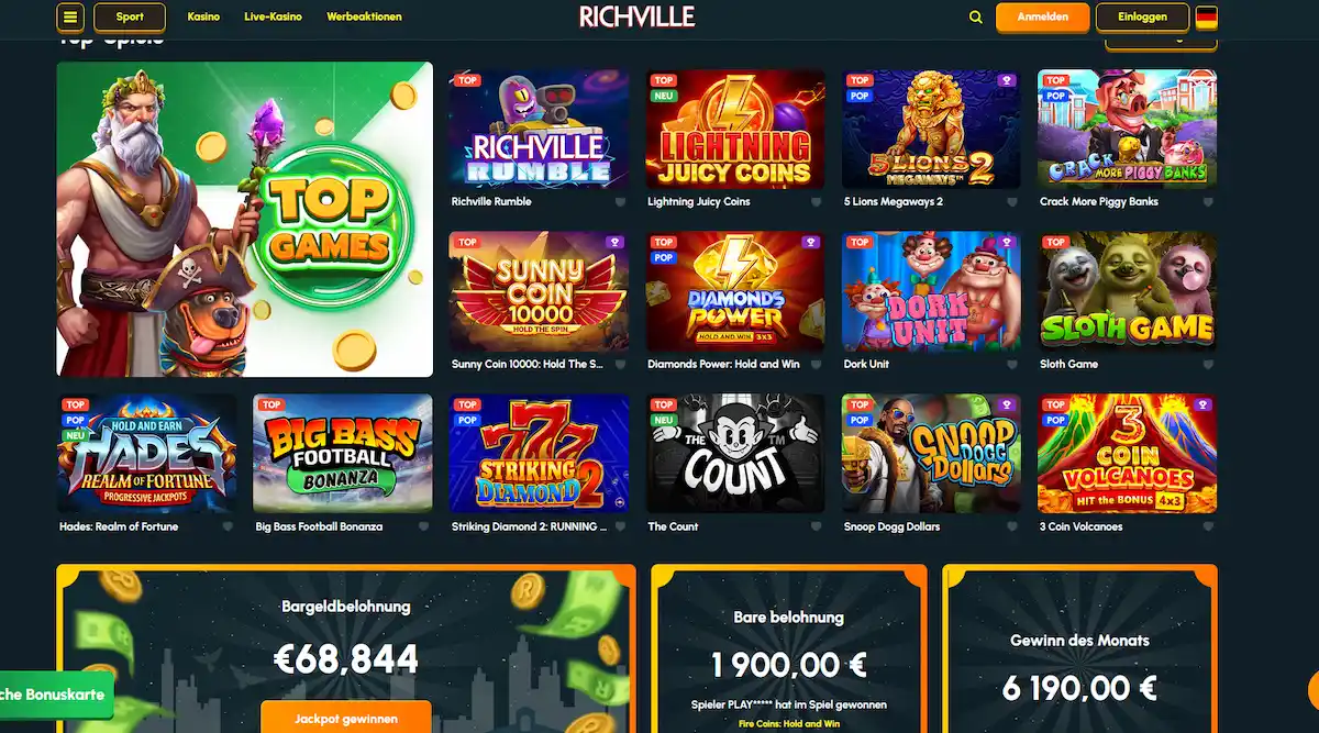 Richville Casino Lobby mit Spielübersicht