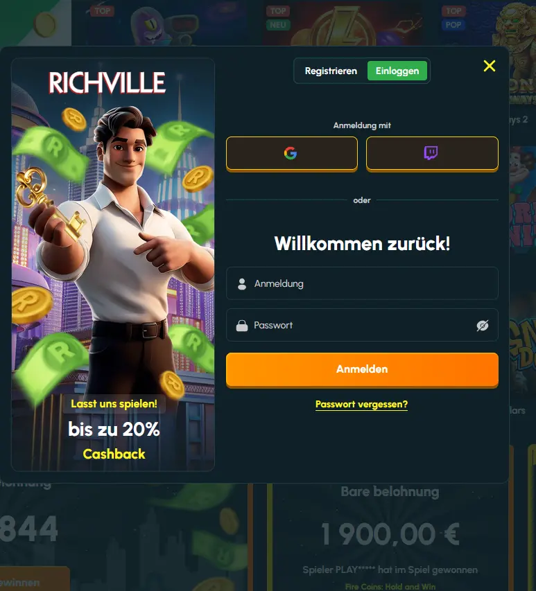 Login-Bildschirm von Richville Casino