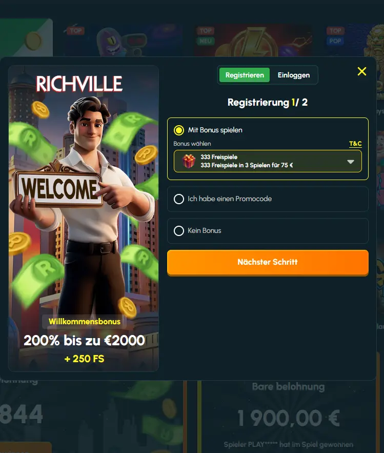 Registrierungsformular von Richville Casino